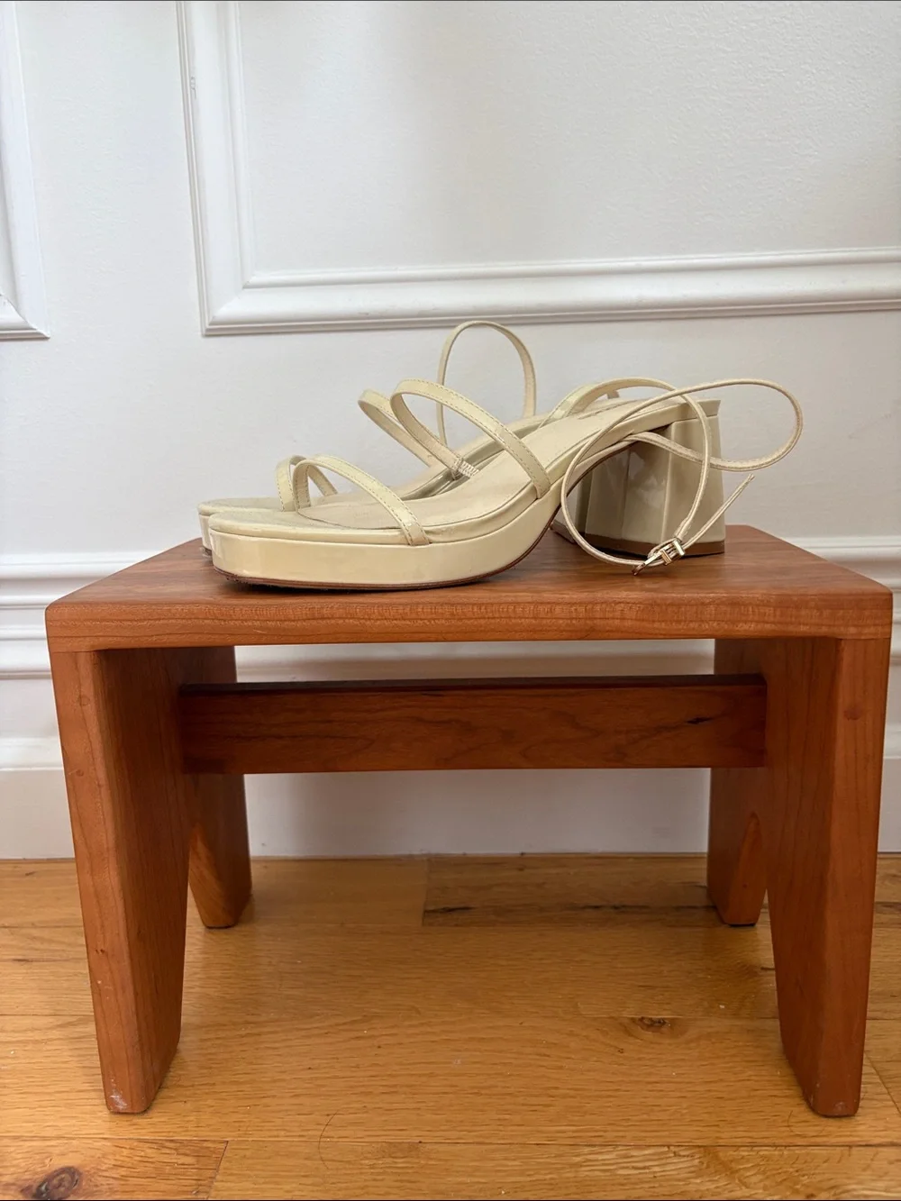 Larroude Cream Strappy Block Heel Sandals